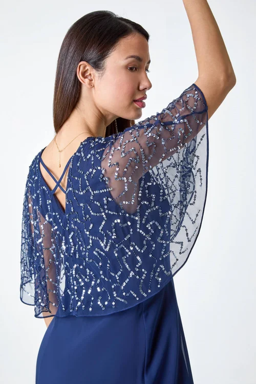 Roman Navy Sequin Embellished Chiffon Wrap Maxi Dress - 10 Image 4