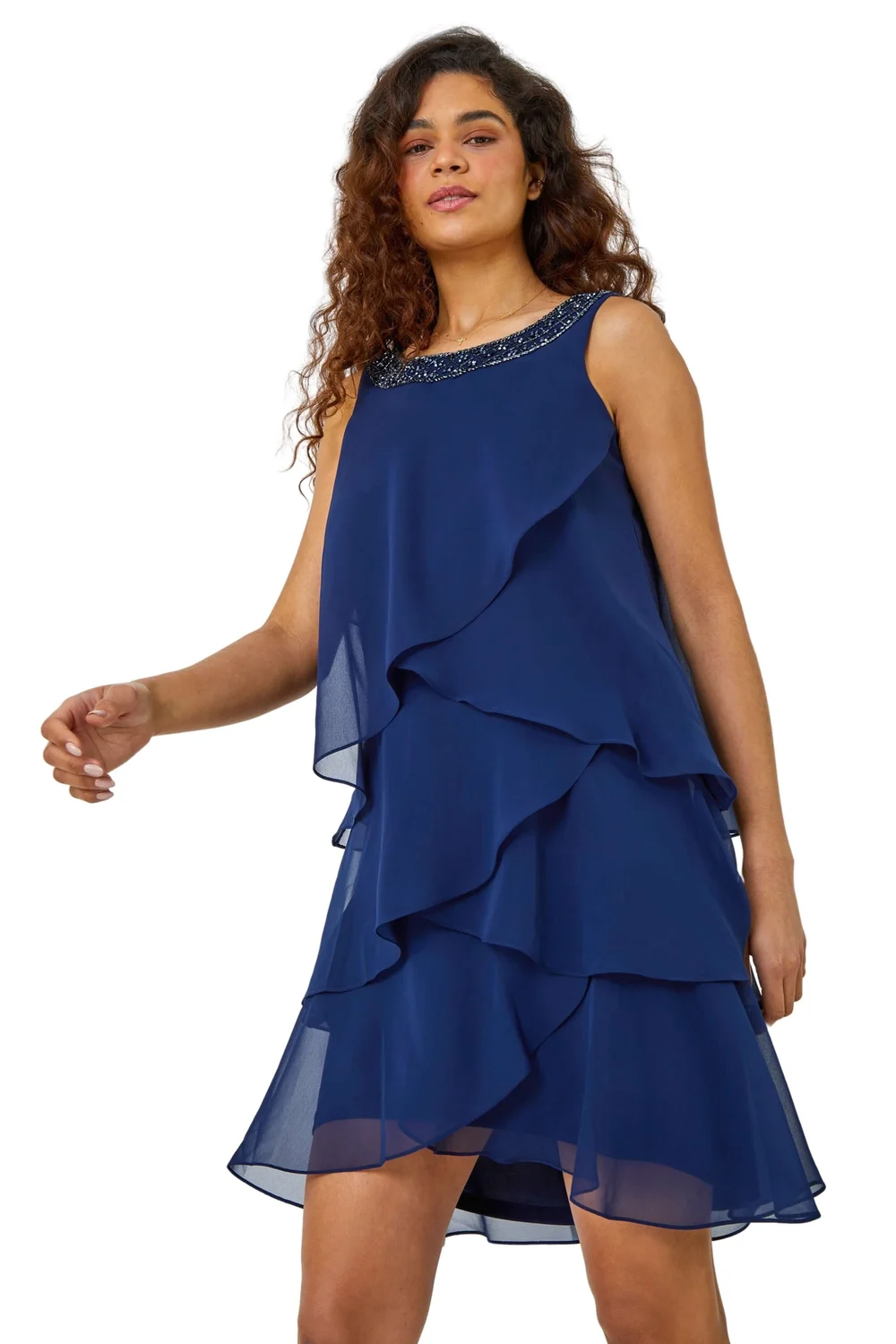 Roman Navy Bead Embellished Tiered Chiffon Dress - 12 Image 1