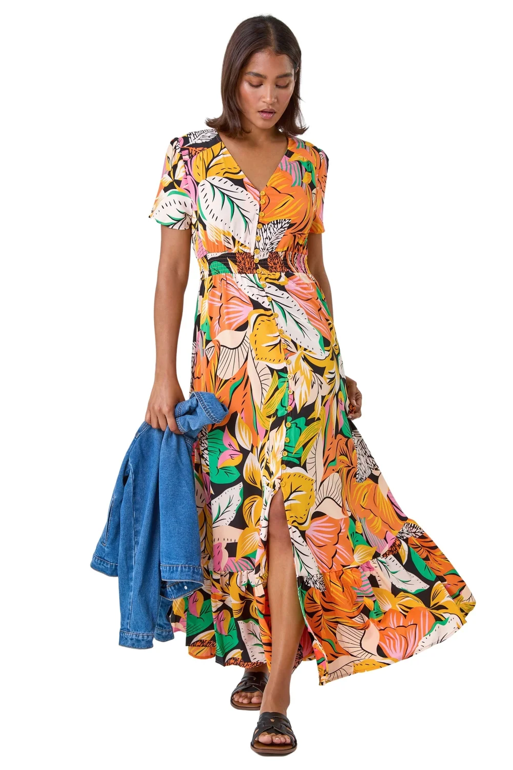 Roman Orange Tropical Print Frilled Hem Maxi Dress - 16 Image 1