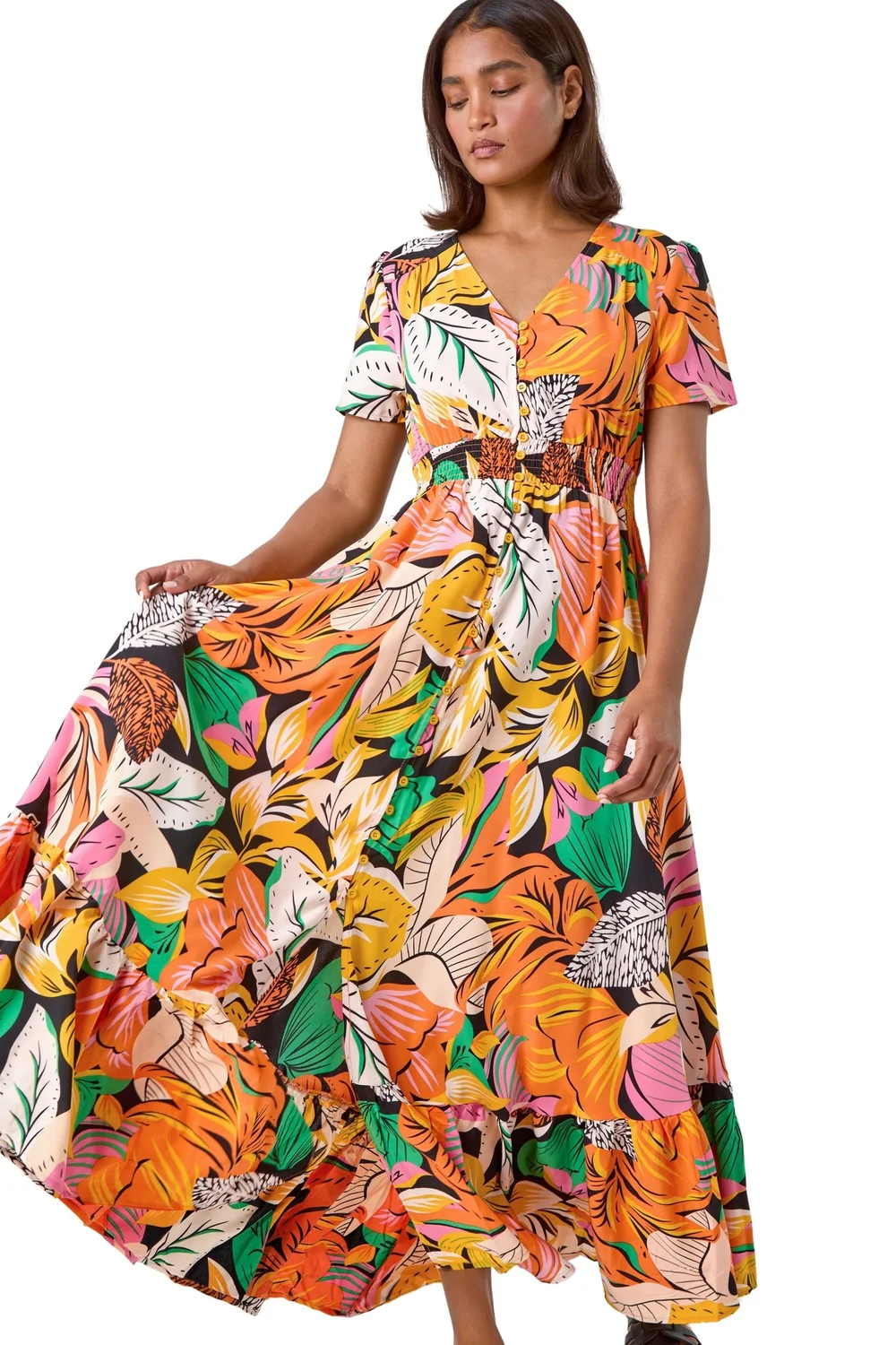 Roman Orange Tropical Print Frilled Hem Maxi Dress - 16 Image 2