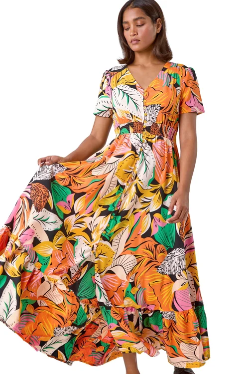 Roman Orange Tropical Print Frilled Hem Maxi Dress - 16 Image 2