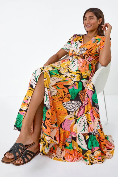 Roman Orange Tropical Print Frilled Hem Maxi Dress - 16 Image 3