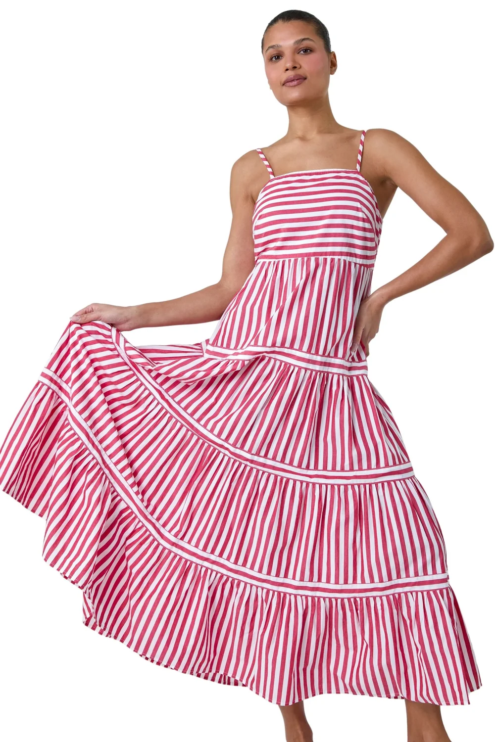 Roman Red Sleeveless Stripe Tiered Cotton Maxi Dress - 10 Image 1