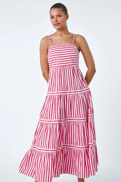 Roman Red Sleeveless Stripe Tiered Cotton Maxi Dress - 10 Image 3