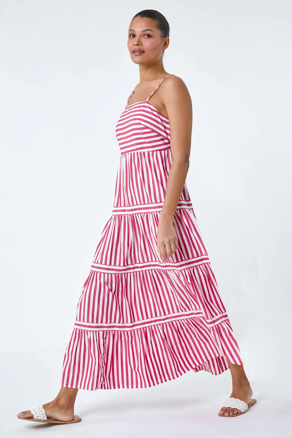 Roman Red Sleeveless Stripe Tiered Cotton Maxi Dress - 10 Image 4