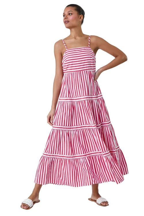 Roman Red Sleeveless Stripe Tiered Cotton Maxi Dress - 10 Image 2
