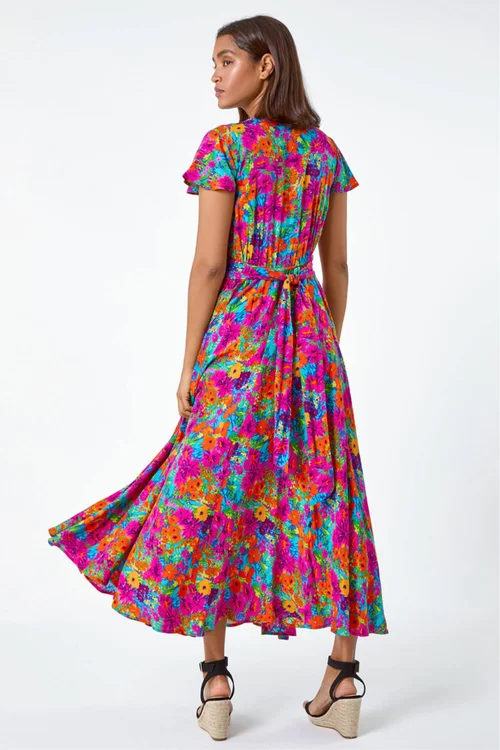 Roman Fuchsia Floral Ruched Waist Maxi Dress - 10 Image 3