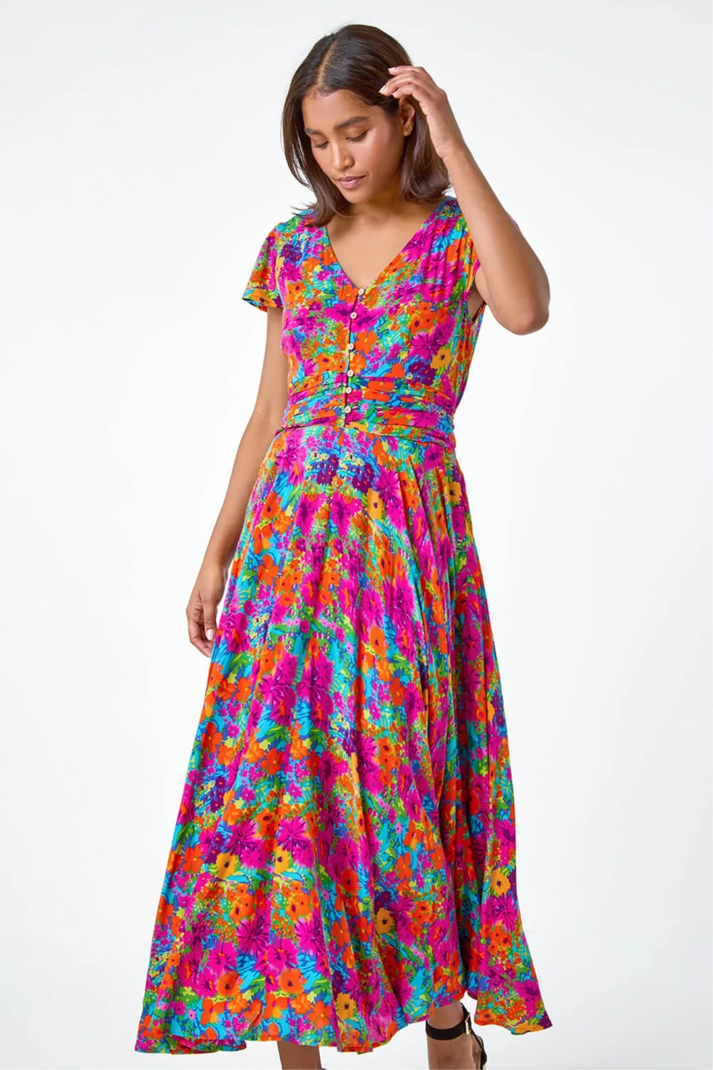 Roman Fuchsia Floral Ruched Waist Maxi Dress - 10 Image 4