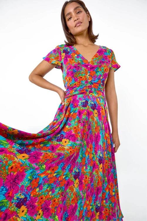 Roman Fuchsia Floral Ruched Waist Maxi Dress - 10 Image 1