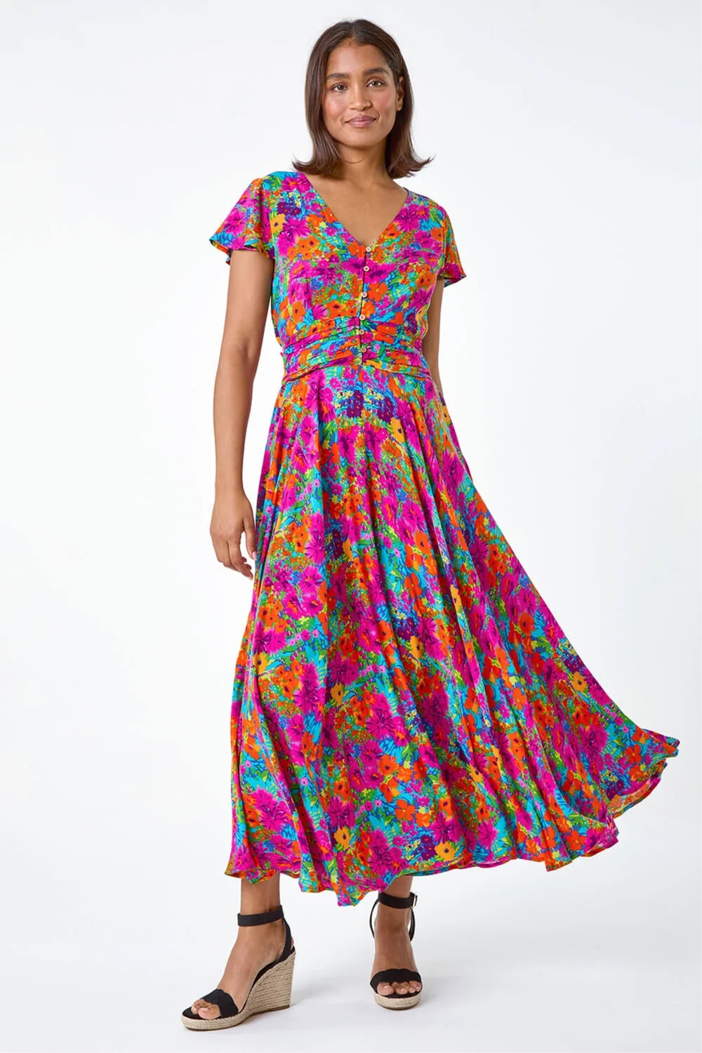 Roman Fuchsia Floral Ruched Waist Maxi Dress - 10 Image 2