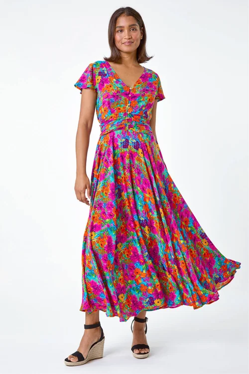 Roman Fuchsia Floral Ruched Waist Maxi Dress - 10 Image 2