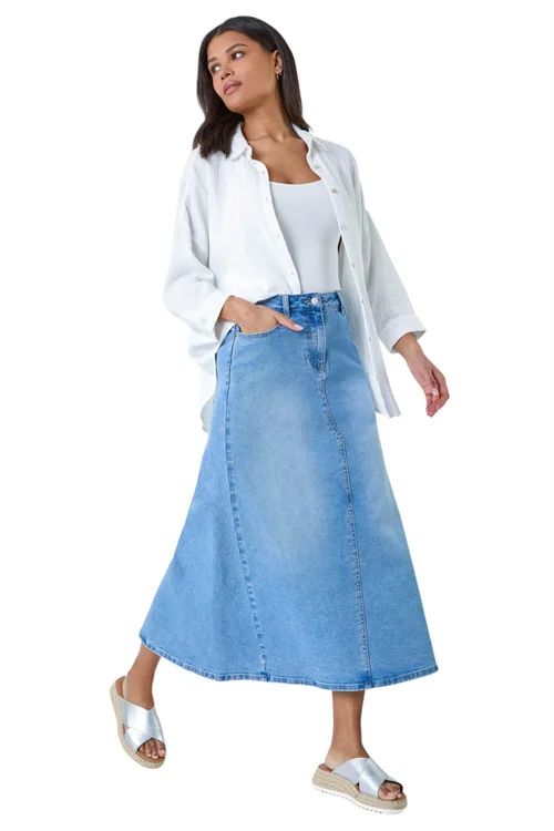 Roman Light Blue Cotton Blend Denim A line Maxi Skirt - Size 16 Image 2