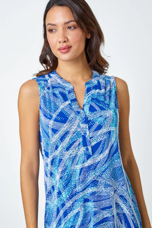 Roman Blue Textured Spot Print Sleeveless V-Neck Top - 10 Image 4