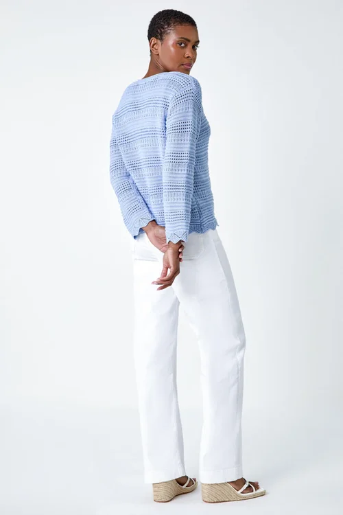 Roman Light Blue Scallop Edge Knit Cotton Blend V-Neck Cardigan - Size 22 Image 4