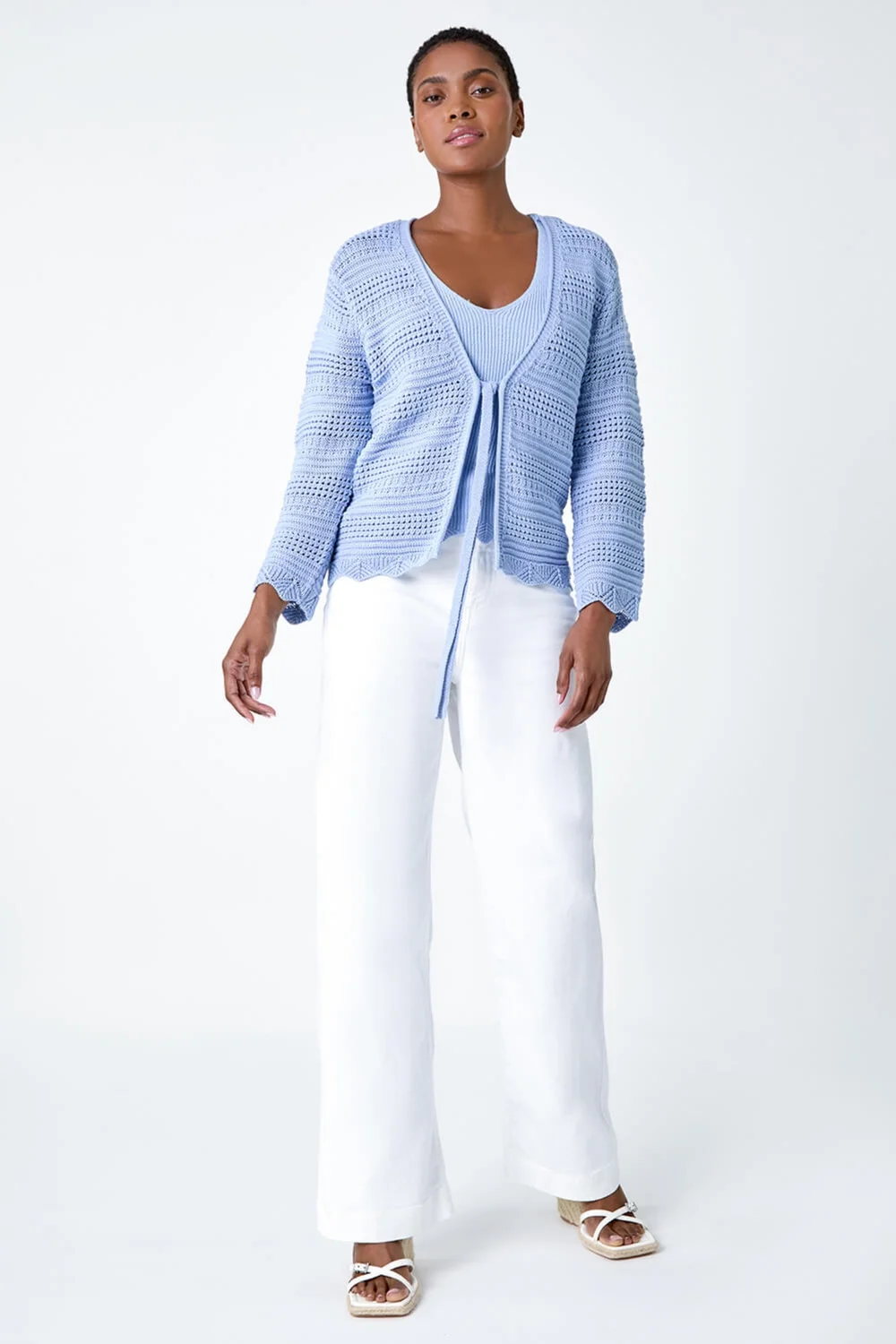 Roman Light Blue Scallop Edge Knit Cotton Blend V-Neck Cardigan - Size 22 Image 3
