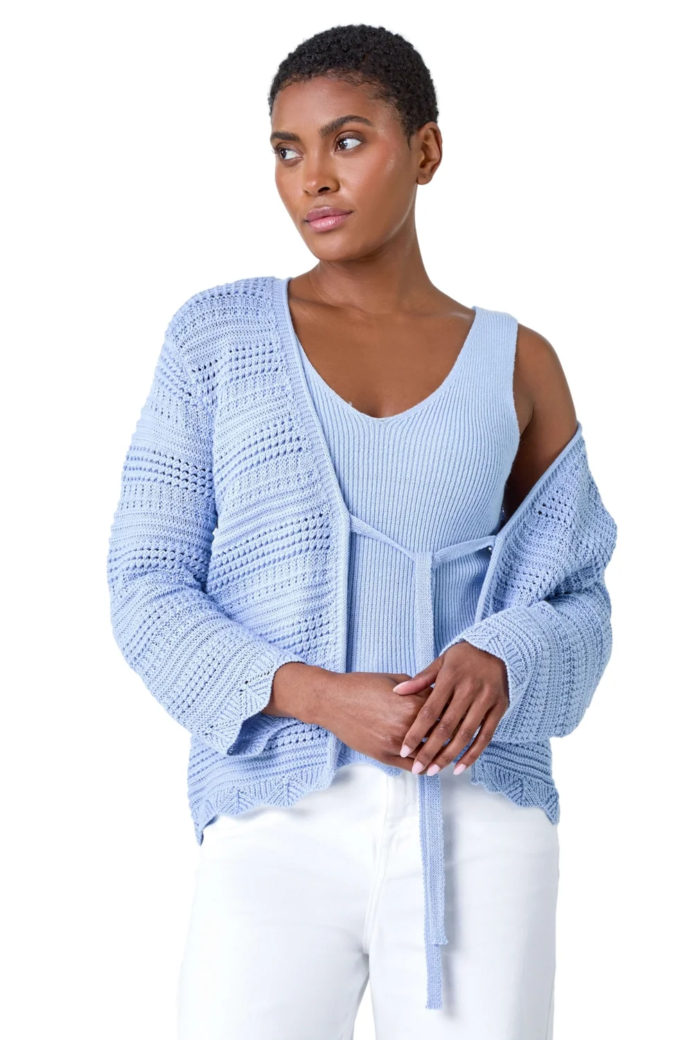 Roman Light Blue Scallop Edge Knit Cotton Blend V-Neck Cardigan - Size 22 Image 1