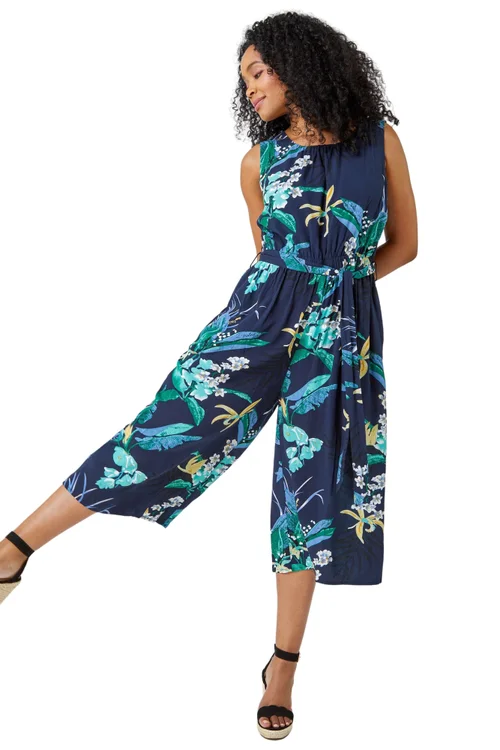 Roman Navy Petite Floral Print Cropped Culotte Jumpsuit - Size 16 Image 1