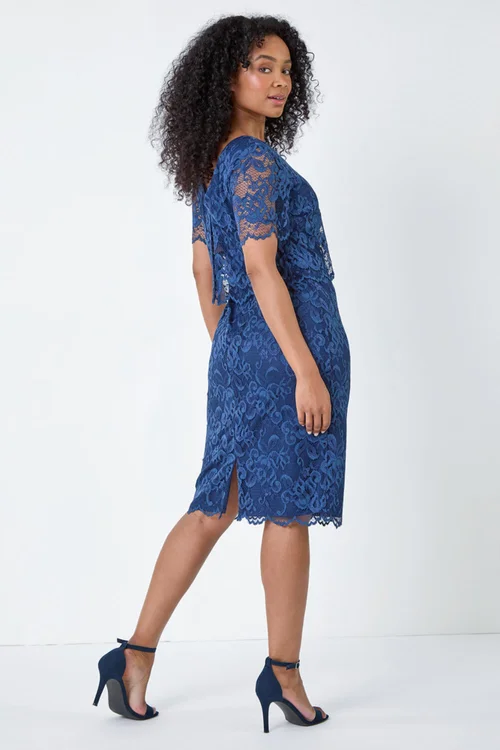 Roman Petite Navy Lace Overlay Stretch Dress - 8 Image 3