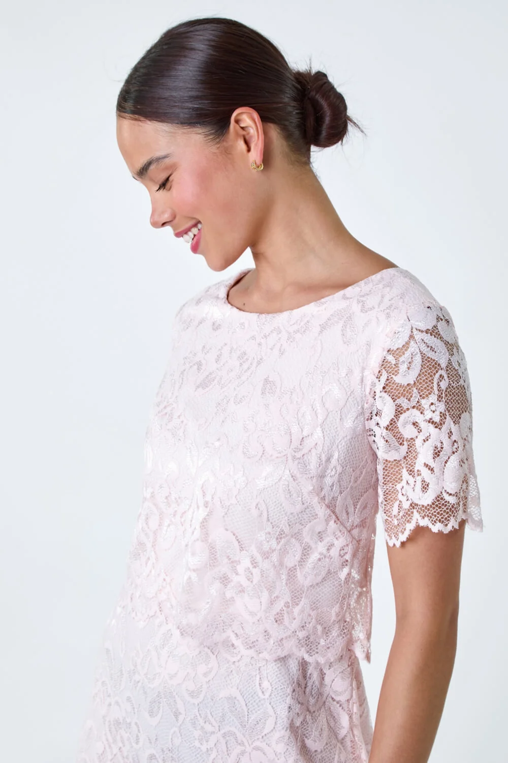 Roman Petite Light Pink Lace Overlay Stretch Dress - 8 Image 4