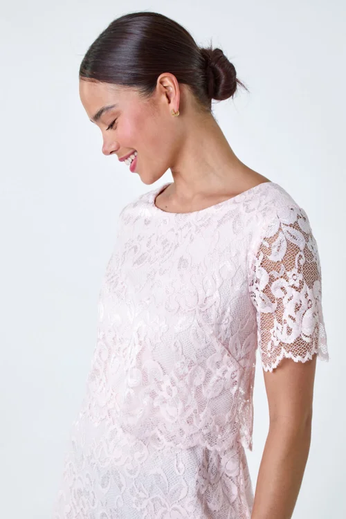 Roman Petite Light Pink Lace Overlay Stretch Dress - 8 Image 4