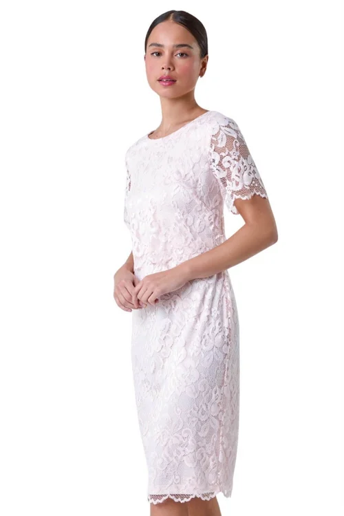 Roman Petite Light Pink Lace Overlay Stretch Dress - 8 Image 1