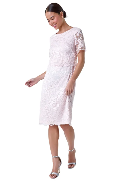 Roman Petite Light Pink Lace Overlay Stretch Dress - 8 Image 2