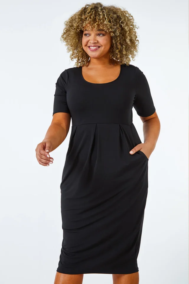 Roman Black Curve Cocoon Pocket Stretch Midi Dress
