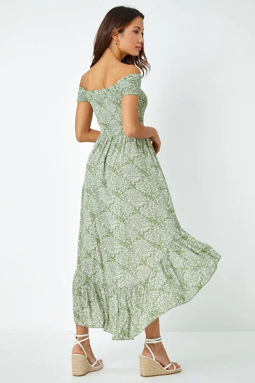 Roman Mint Leaf Print Shirred Bardot Dress - 6 Image 4