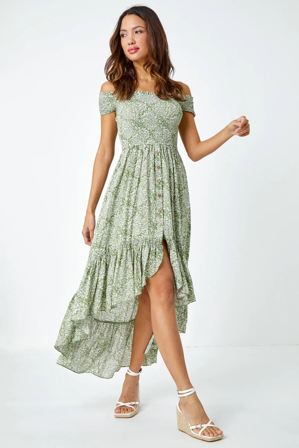 Roman Mint Leaf Print Shirred Bardot Dress - 6 Image 3