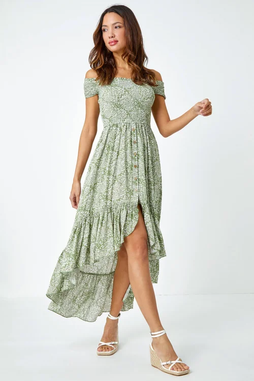 Roman Mint Leaf Print Shirred Bardot Dress - 6 Image 3