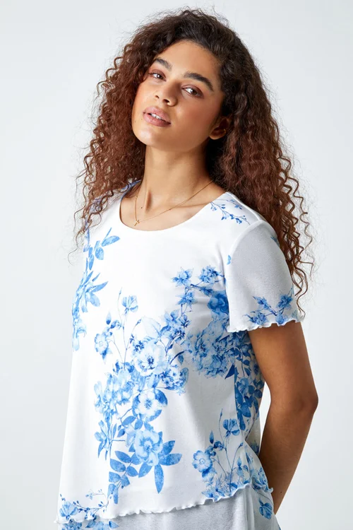 Roman Blue Floral Print Asymmetric Hem Top - 10 Image 4