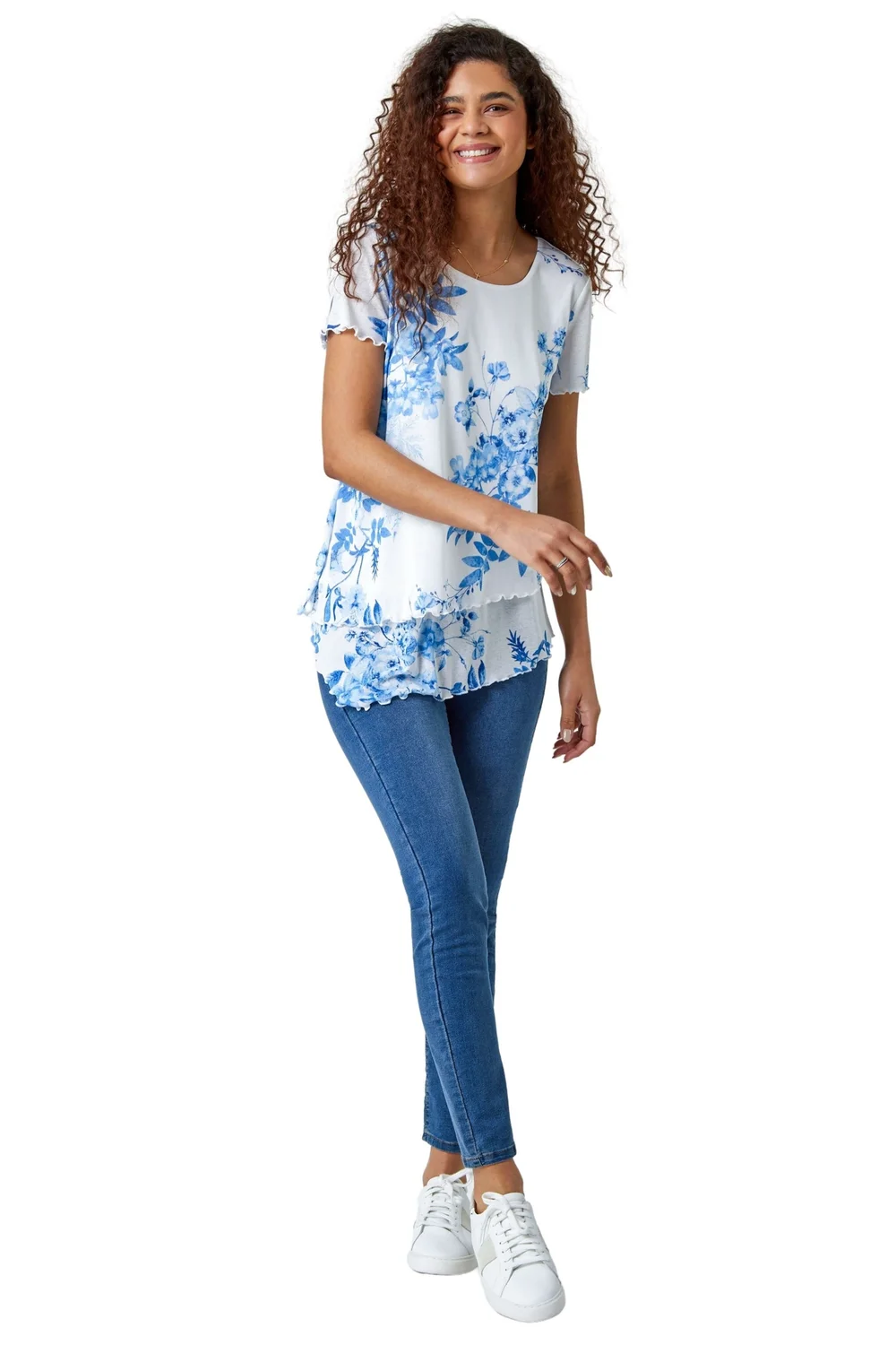 Roman Blue Floral Print Asymmetric Hem Top - 10 Image 1