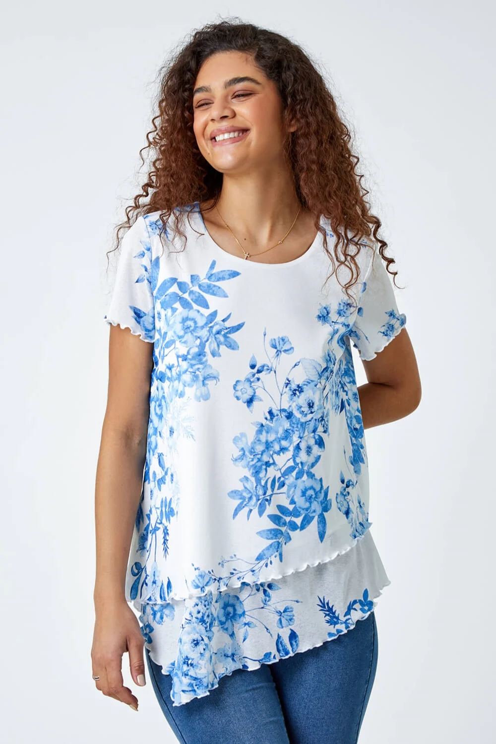 Roman Blue Floral Print Asymmetric Hem Top - 10 Image 2