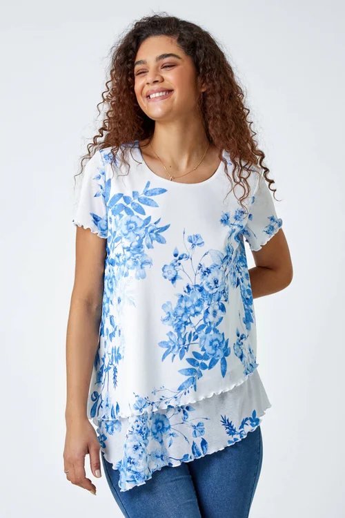 Roman Blue Floral Print Asymmetric Hem Top - 10 Image 2