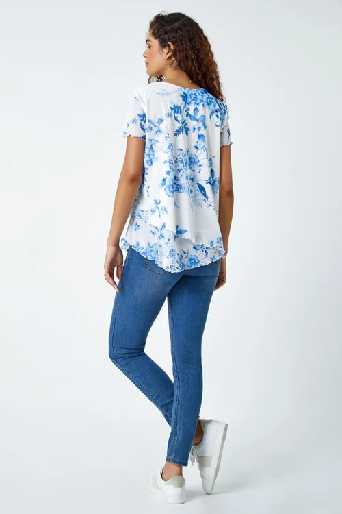 Roman Blue Floral Print Asymmetric Hem Top - 10 Image 3