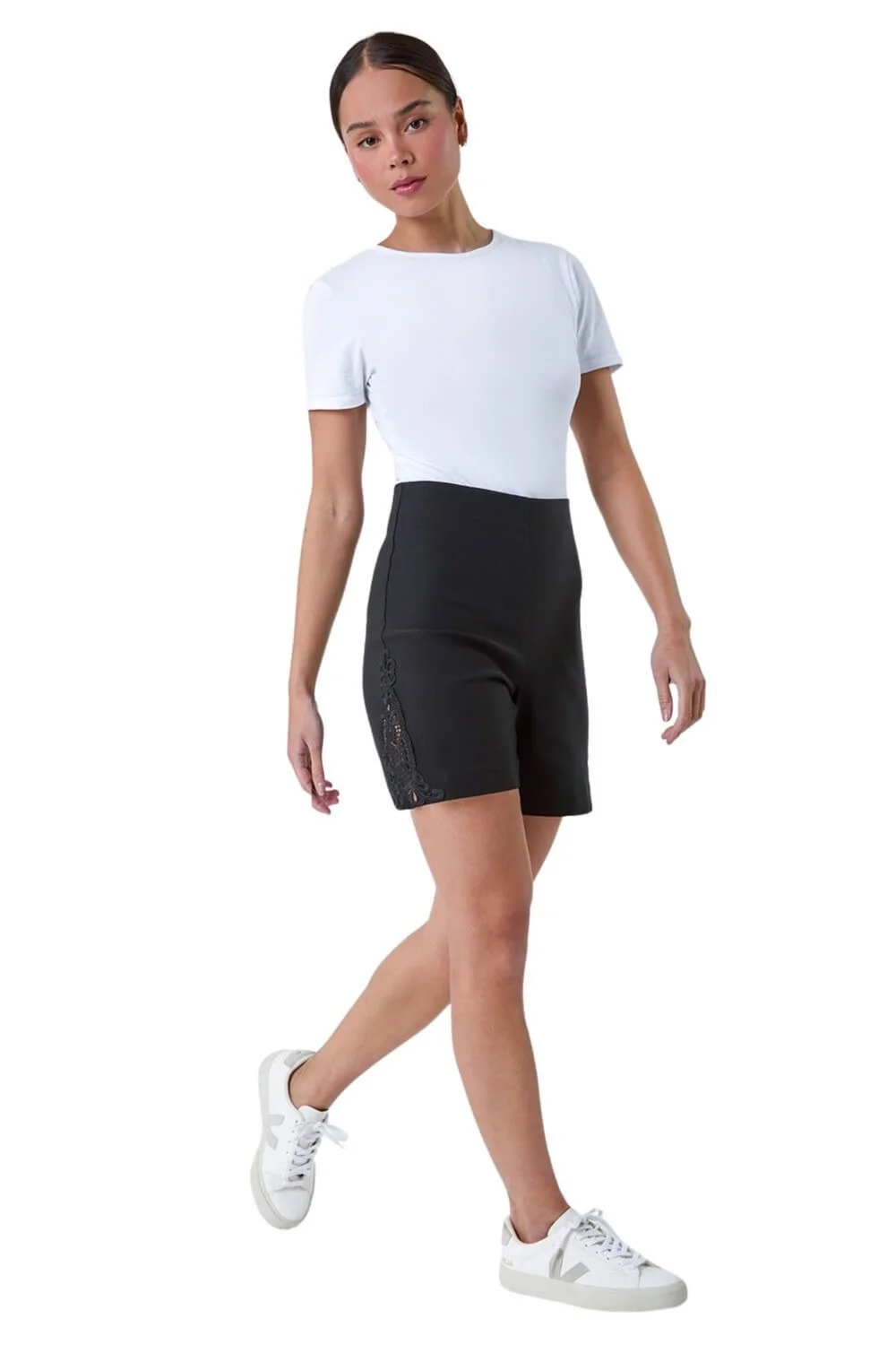 Roman Black Lace Trim Stretch Elastic Waist Shorts - 10 Image 1