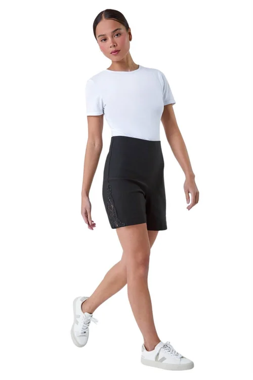 Roman Black Lace Trim Stretch Elastic Waist Shorts - 10 Image 1