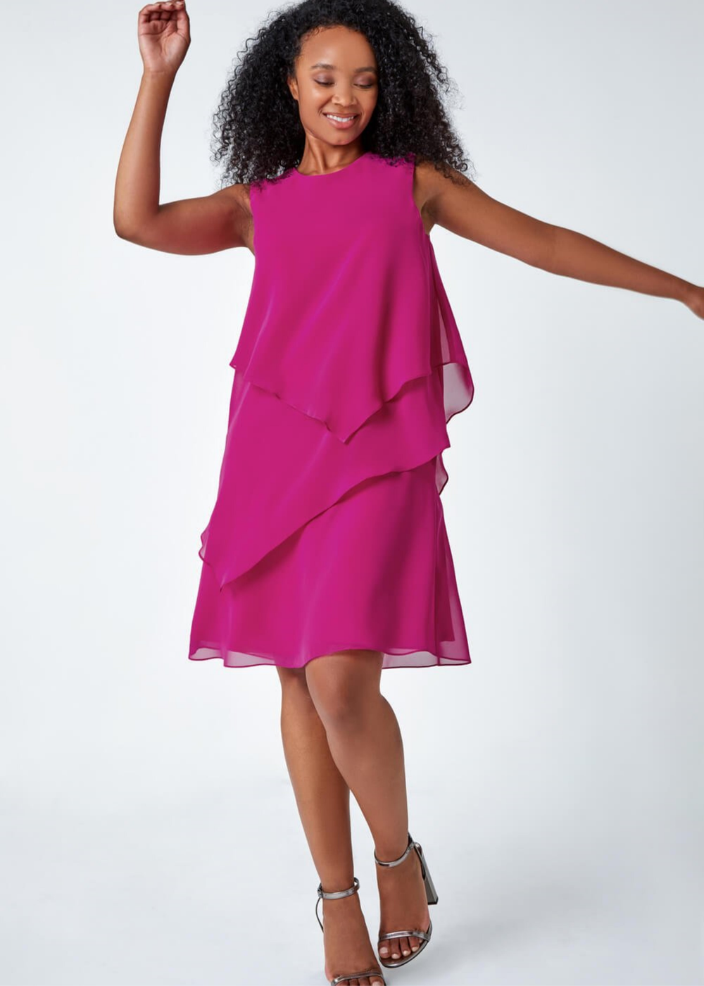 Roman Pink Petite Embellished Chiffon Tiered Shift Dress - 20 Image 3