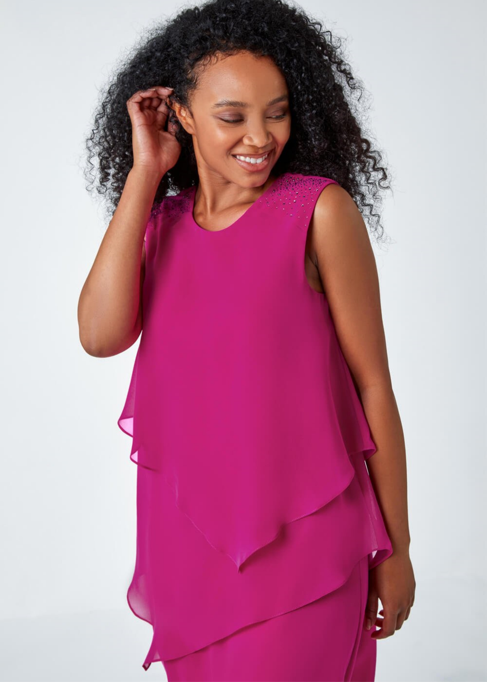 Roman Pink Petite Embellished Chiffon Tiered Shift Dress - 20 Image 4