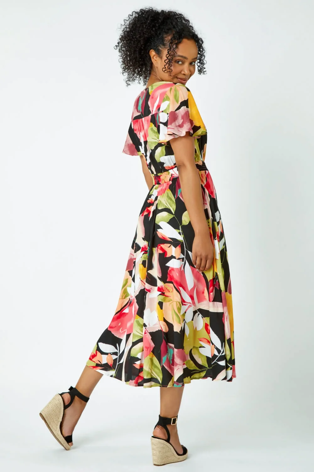 Roman Pink Petite Tropical Button Midi Dress - 24 Image 4