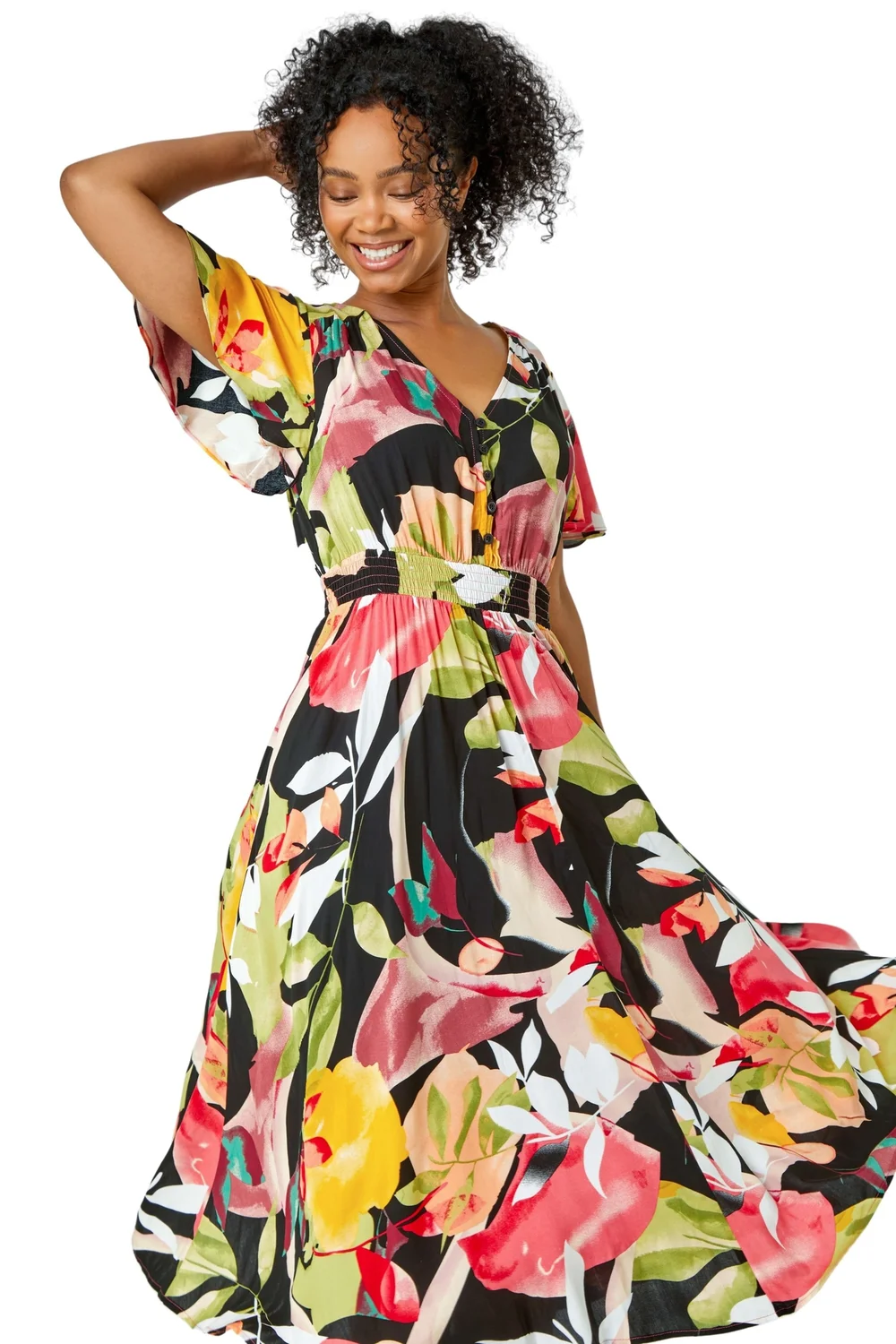 Roman Pink Petite Tropical Button Midi Dress - 24 Image 2