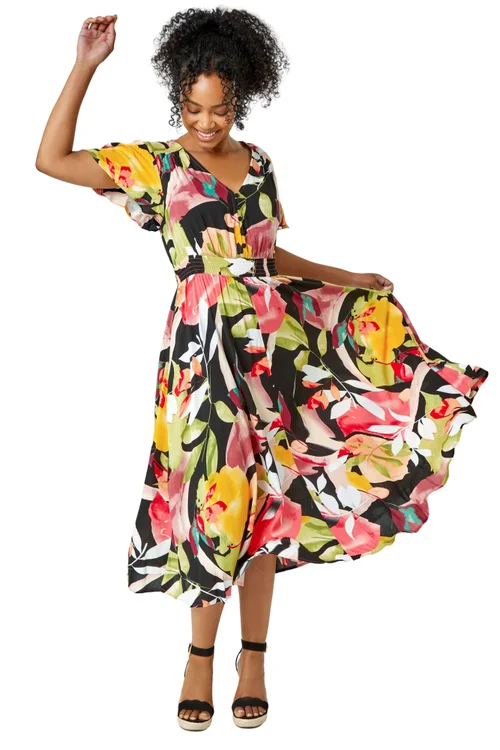Roman Pink Petite Tropical Button Midi Dress - 24 Image 1