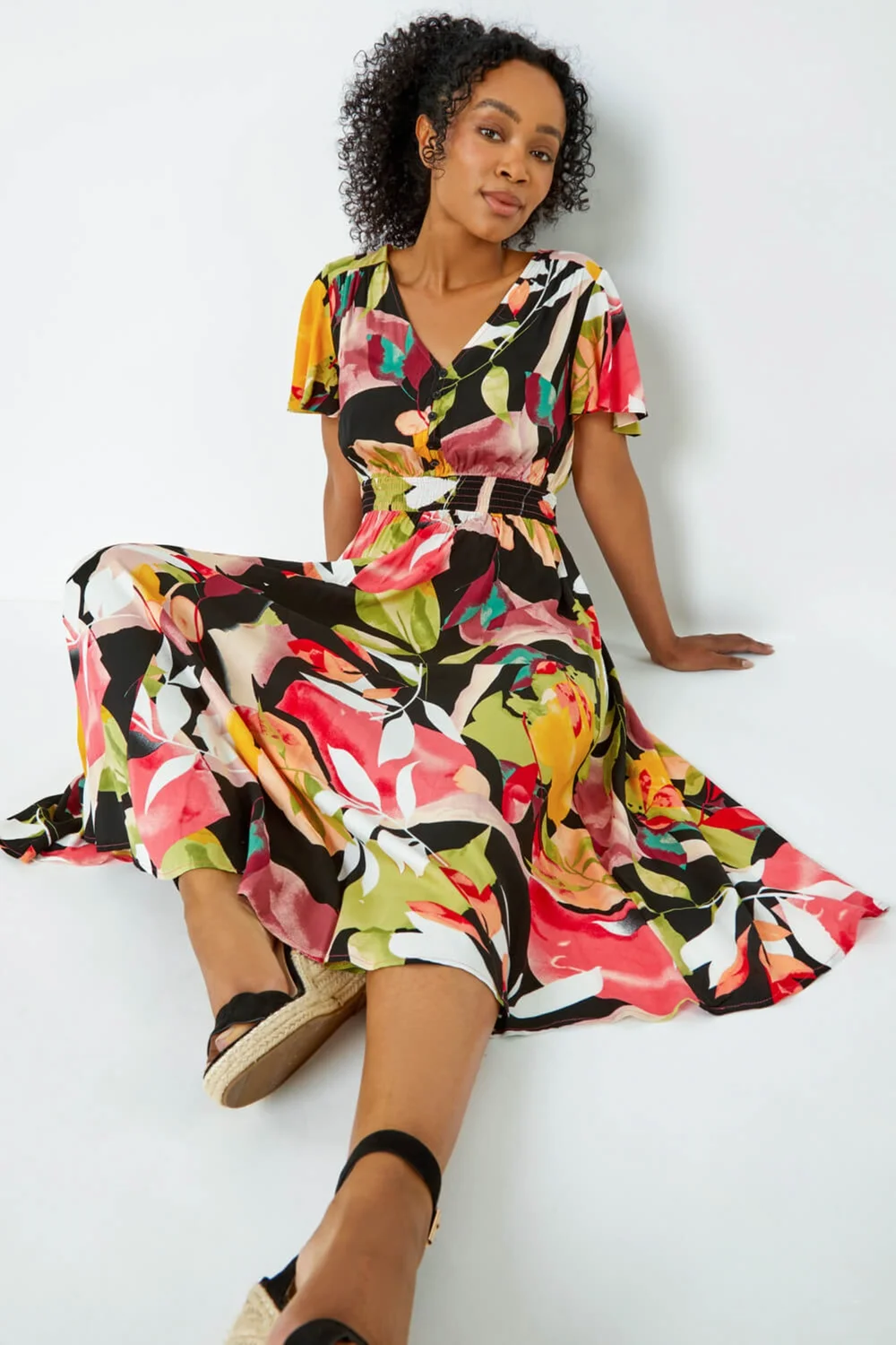 Roman Pink Petite Tropical Button Midi Dress - 24 Image 3
