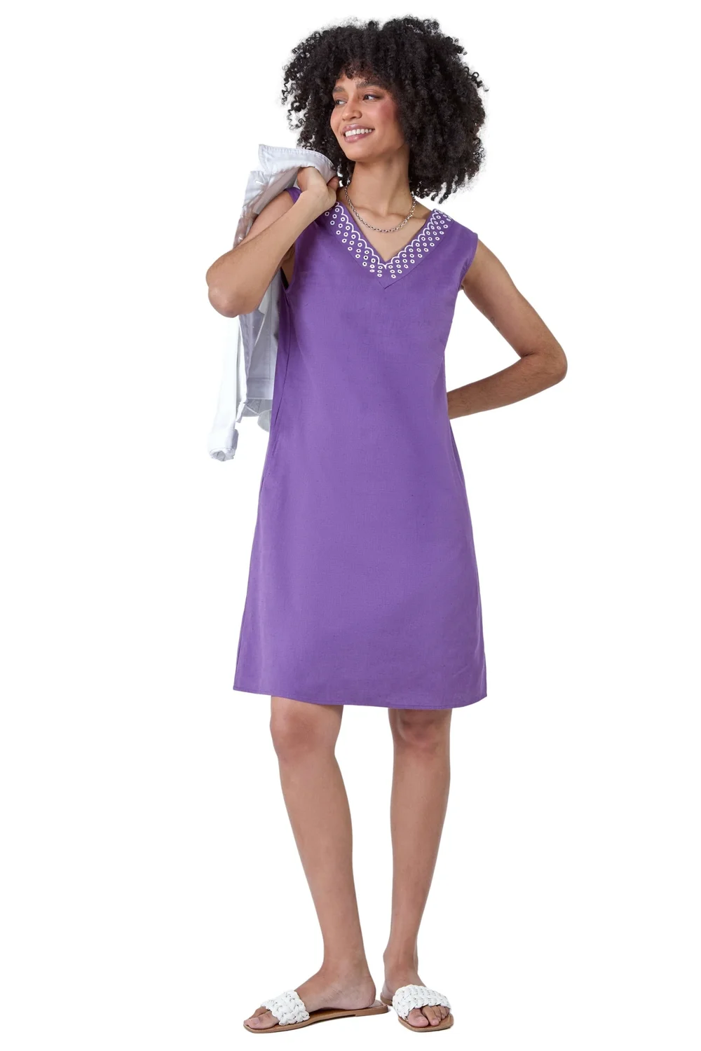 Roman Purple Cotton Blend Embroidered Pocket Shift Dress - 10 Image 1