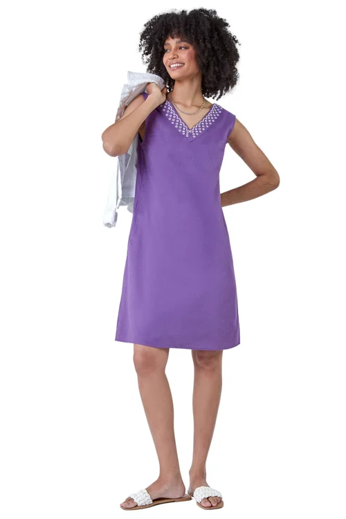 Roman Purple Cotton Blend Embroidered Pocket Shift Dress - 10 Image 1