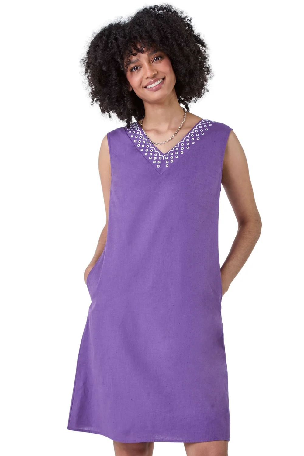 Roman Purple Cotton Blend Embroidered Pocket Shift Dress - 10 Image 2