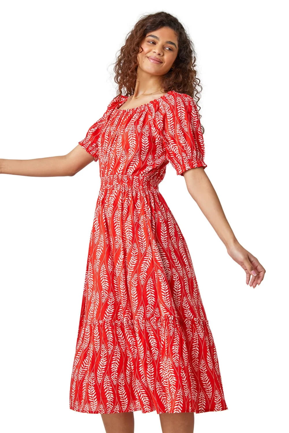 Roman Red Leaf Print Stretch Neck Midi Dress - 10 Image 1
