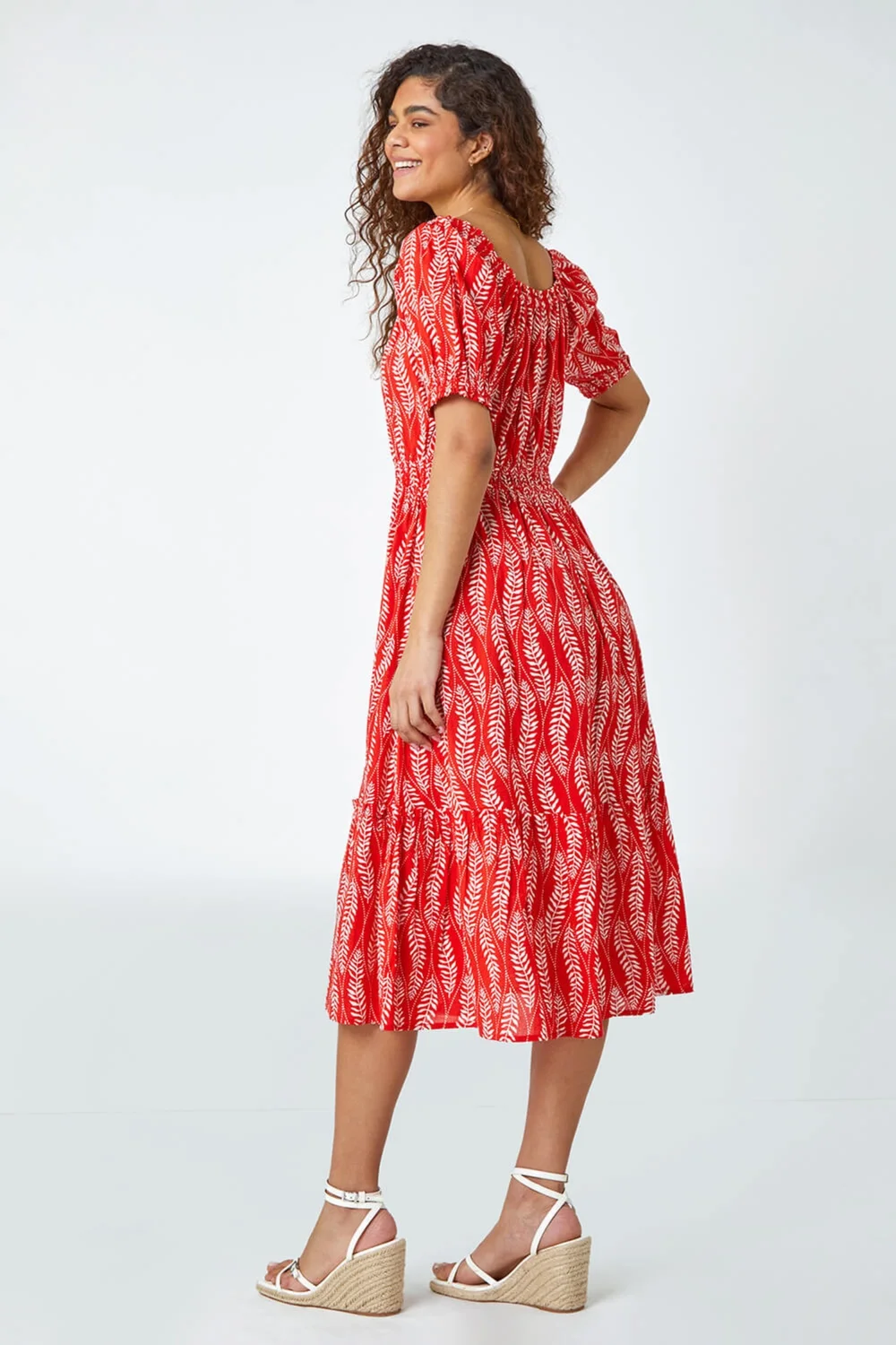 Roman Red Leaf Print Stretch Neck Midi Dress - 10 Image 3