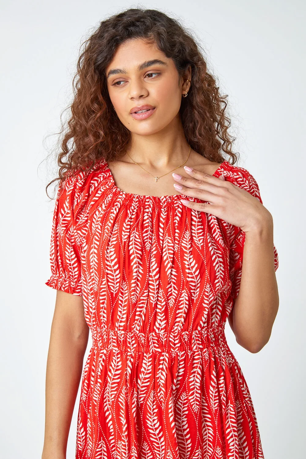 Roman Red Leaf Print Stretch Neck Midi Dress - 10 Image 4