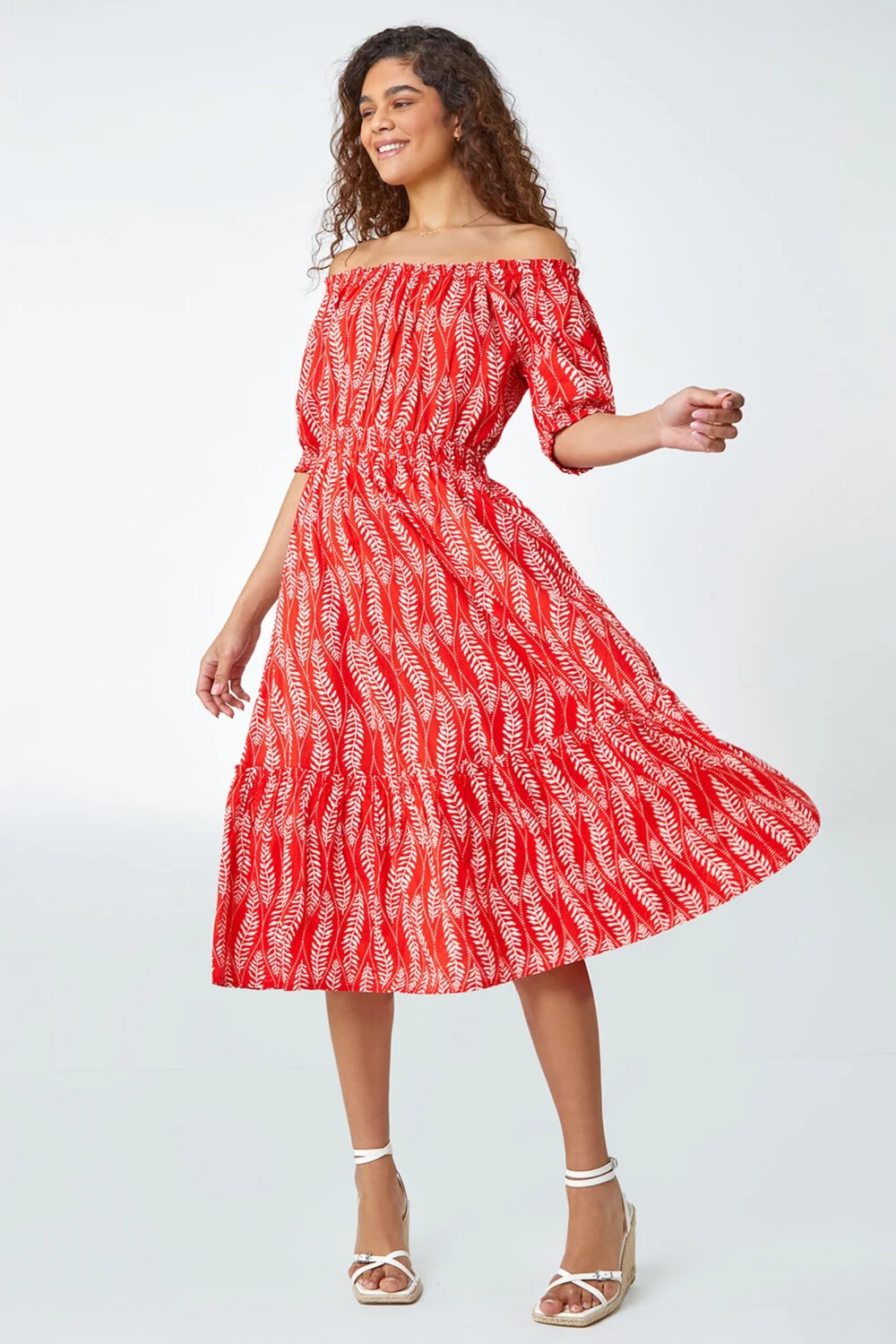 Roman Red Leaf Print Stretch Neck Midi Dress - 10 Image 2